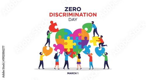 People from diverse backgrounds unite, holding puzzle pieces forming a heart on Zero Discrimination Day, symbolizing love and unity
