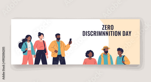 Diverse group of people standing together on Zero Discrimination Day, promoting equality and unity in a vibrant illustration