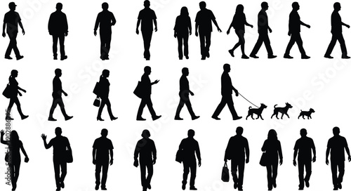 Walking people silhouettes set in various poses, men and women daily activities black vector illustration isolated on white background