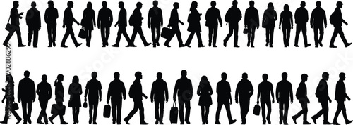 Walking people silhouettes set, men and women commuting with bags, urban crowd movement, daily life figures, black vector illustration