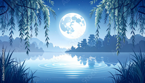 Moonlit Willow Over Silent Pond