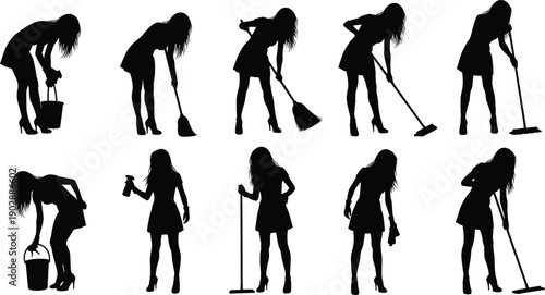 Woman cleaning silhouette set, female housekeeper with mop broom bucket, domestic cleaning poses, isolated black illustration