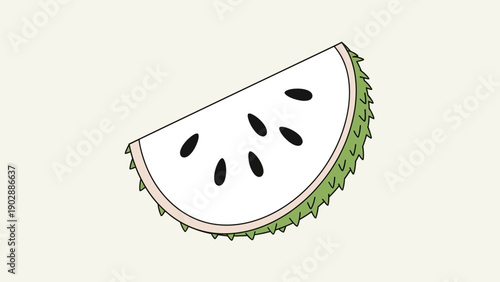 A vibrant illustration of a fresh soursop fruit slice featuring creamy white pulp and black seeds