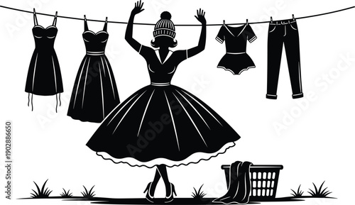 Woman hanging laundry silhouettes, clothesline dresses outfits, vintage housewife concept, domestic chores, fashion garments, black minimalist illustration