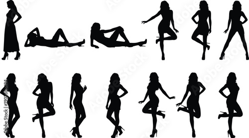 Woman silhouette poses collection with standing sitting lying fashion female figures isolated on white background illustration