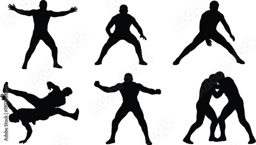 Wrestling athlete silhouettes in combat poses, grappling martial arts action, strength and training scenes, competitive sport, black white vector set