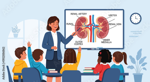 Teacher Explaining Human Kidney Anatomy to Diverse Group of Students