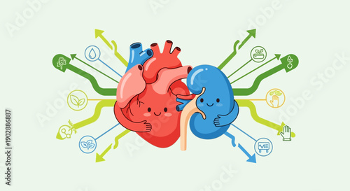Illustration of Heart Organs with Smiling Faces and Arrows