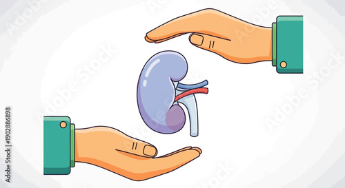 Hands holding a human kidney, a medical illustration showing the organ's anatomy