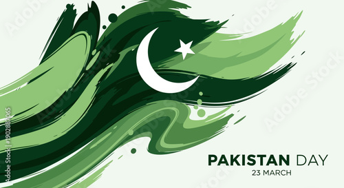 Celebration of Pakistan Day on March 23rd with green waving flag and crescent moon symbolizing national pride and unity