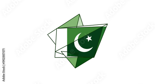 Geometric illustration of the Pakistan flag in a 3D rotating shape with crescent moon and star symbols on a green background graphic design concept illustration