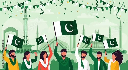 Group of people celebrating independence day with flags in front of a monument