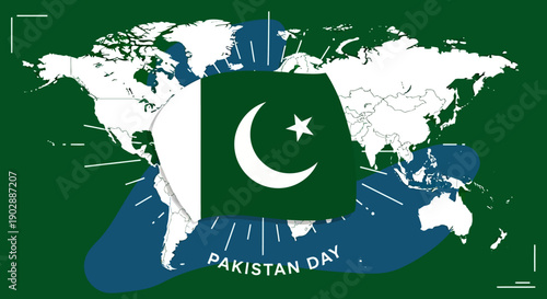 Global Celebration of Pakistan Day with Crescent Moon and Star on World Map Illustration