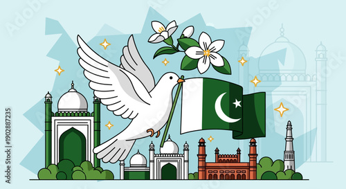 A white dove carrying flowers flies above iconic Pakistani architecture and the national flag, symbolizing peace and cultural heritage.