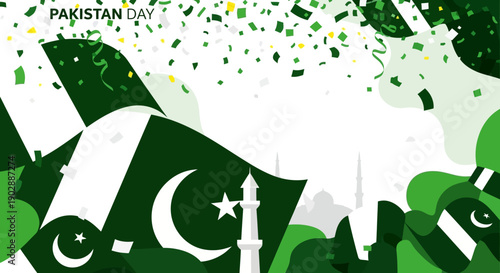 Celebrating Pakistan Day with flag waving and crescent moon symbolizing national pride and unity in a vibrant illustration
