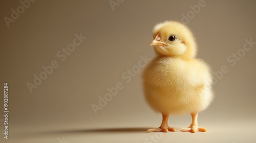 A fluffy yellow chick stands against a soft beige background, looking left