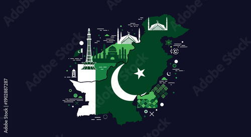 Celebrating Pakistan's cultural heritage through iconic landmarks and symbols in a vibrant graphic illustration
