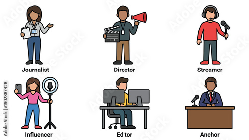 Diverse Media and Digital Content Creator Professions Vector Icon Set