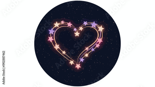 Celestial heart constellation formed by vibrant glowing stars against a dark, magical night sky