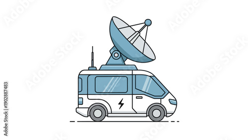 Modern white satellite communication van with dish antenna for mobile broadcasting technology and