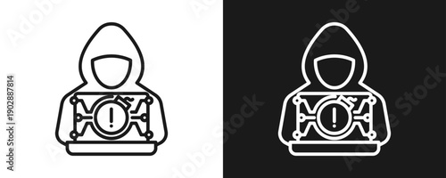 Cyber Attack Icon Set Outline In White And Black Background