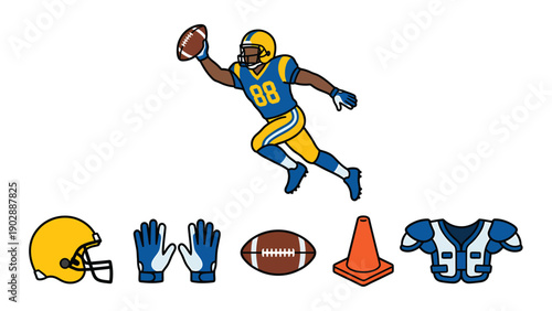 American Football Player Catching Ball with Game Equipment Set. Sports Gear Vector Illustration.