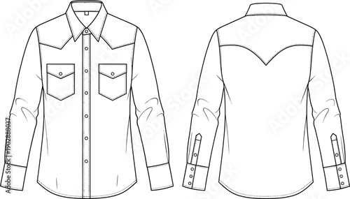 Black and White Vector Illustration of a Western Denim Shirt Technical Flat Sketch Showing Front and Back Views for Fashion Design Apparel Manufacturing and Templates