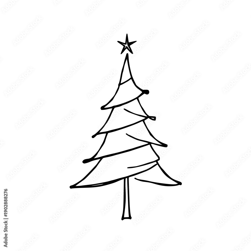 Fototapeta premium Elegant Hand-Drawn Christmas Tree Line Art Illustration on White Background, Perfect for Festive Holiday Designs and Winter Season Greetings