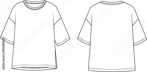 Black and White Vector Illustration of an Oversized Crewneck T-shirt Technical Flat Sketch Showing Front and Back Views for Fashion Design and Apparel Manufacturing