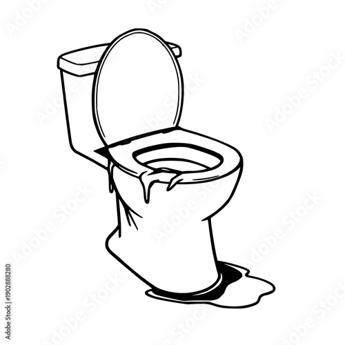 Grungy black line art drawing of a dirty, unhygienic toilet, isolated on a clean white background, conveying a sense of neglect and poor sanitation