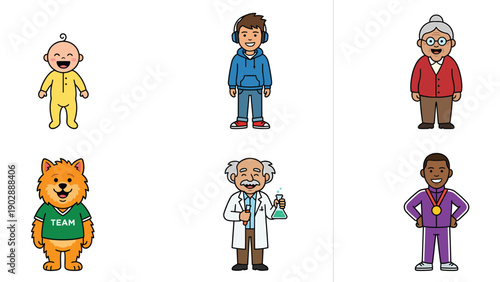 Set of diverse flat cartoon character illustrations: baby, teen, senior, mascot, scientist, athlete. Various ages & professions.