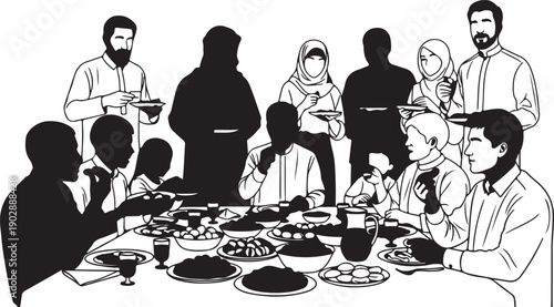 Silhouette Of A Group Eating Iftar Dinner Together