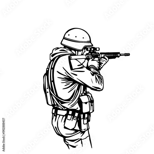 Dynamic comic book style drawing of a soldier aiming and firing a rifle, seen from a dramatic high-angle rear view, perfect for action and conflict themes