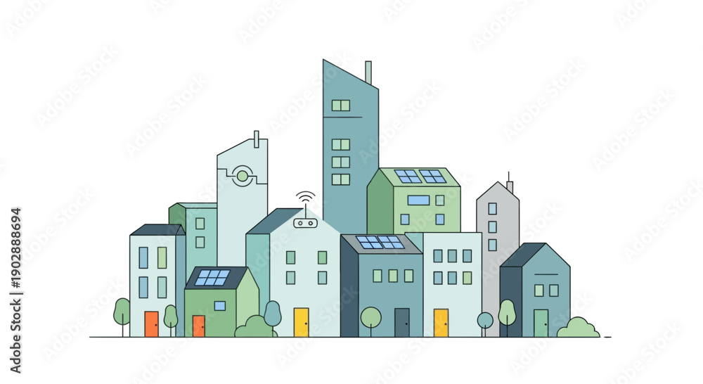 Naklejka premium Smart City Illustration: Sustainable Buildings with Solar Panels and Wi-Fi