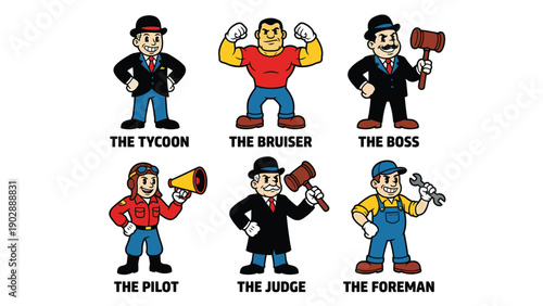 Cartoon character set of professional archetypes: Tycoon, Bruiser, Boss, Pilot, Judge, Foreman. Business, labor, and authority roles.