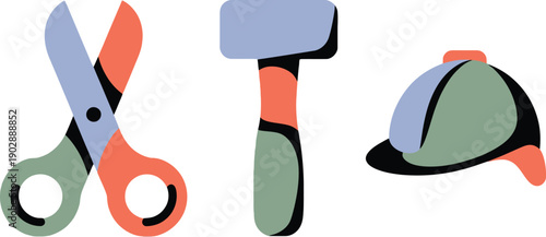 Construction tools illustration scissors hammer and helmet depicted in a flat style