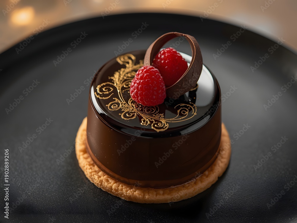 custom made wallpaper toronto digitalLuxury glossy chocolate mousse cake with gold decoration and raspberry garnish served on black plate in elegant fine dining restaurant setting
