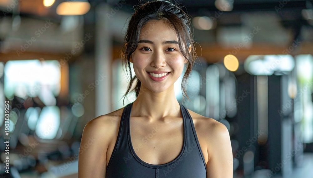 Fototapeta premium 明るい笑顔でジムに通う20代前半日本人女性｜トレーニングウェアのフィットネスポートレート