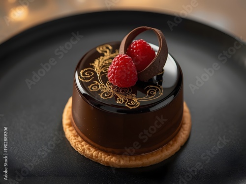 Wallpaper Mural Luxury glossy chocolate mousse cake with gold decoration and raspberry garnish served on black plate in elegant fine dining restaurant setting
 Torontodigital.ca