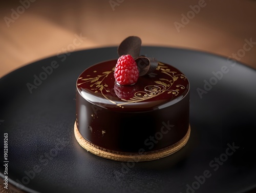 Wallpaper Mural Luxury glossy chocolate mousse cake with gold decoration and raspberry garnish served on black plate in elegant fine dining restaurant setting
 Torontodigital.ca