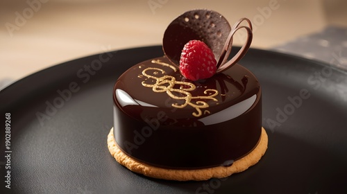 Wallpaper Mural Luxury glossy chocolate mousse cake with gold decoration and raspberry garnish served on black plate in elegant fine dining restaurant setting
 Torontodigital.ca