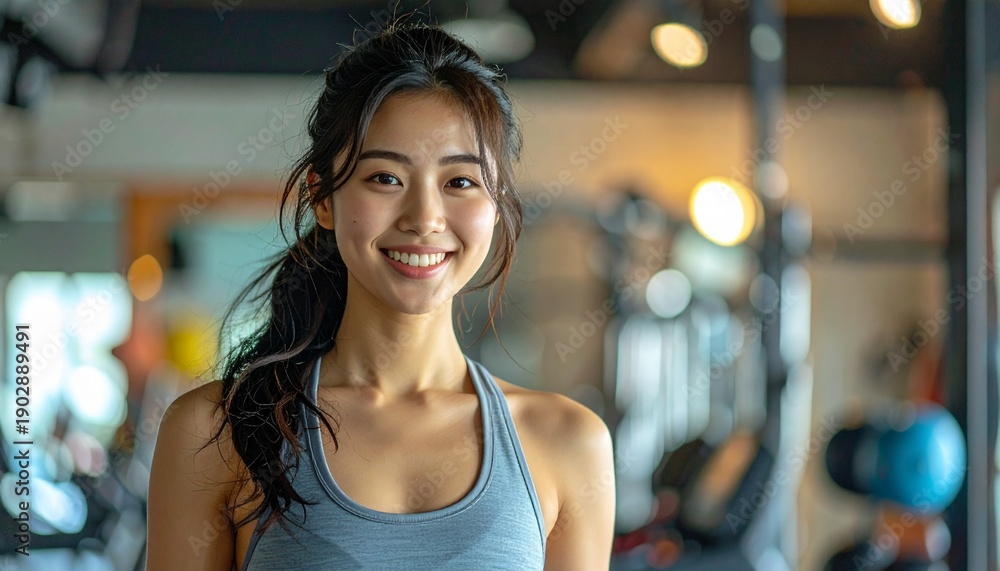 Fototapeta premium 明るい笑顔でジムに通う20代前半日本人女性｜トレーニングウェアのフィットネスポートレート