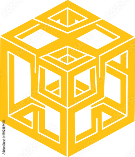 Isometric yellow geometric whisk pattern with white outline on transparent background