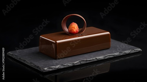 Wallpaper Mural Modern luxury chocolate mousse cake with glossy mirror glaze and raspberry topping on dark stone slab against black background studio lighting
 Torontodigital.ca