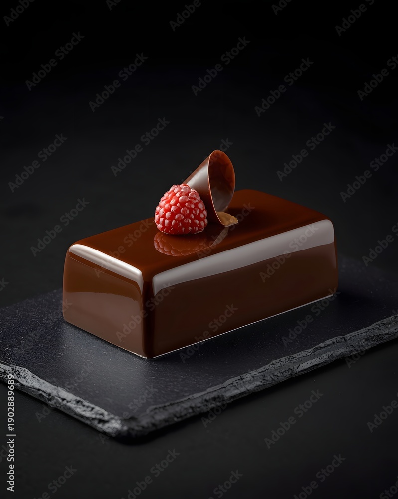 custom made wallpaper toronto digitalModern luxury chocolate mousse cake with glossy mirror glaze and raspberry topping on dark stone slab against black background studio lighting