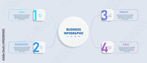 Business infographic template with 4 connected steps, circular center layout, gradient lines, and numbered icon elements in clean modern style for corporate presentation and strategy concepts