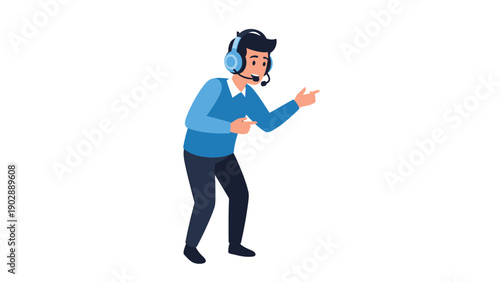 Male Customer Service Agent with Headset Pointing. Call Center Support, Technical Assistance, Communication Illustration