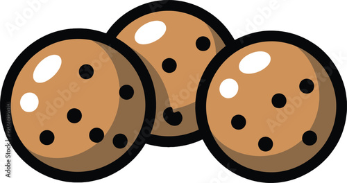 Three chocolate chip cookies arranged closely together in a simple illustration