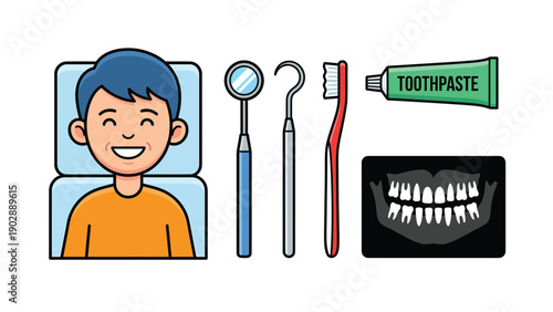 Happy Patient and Dental Care Essentials Illustration: Tools, Toothbrush, Toothpaste, and X-ray for Oral Health