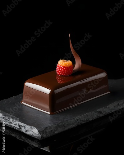 Wallpaper Mural Modern luxury chocolate mousse cake with glossy mirror glaze and raspberry topping on dark stone slab against black background studio lighting
 Torontodigital.ca